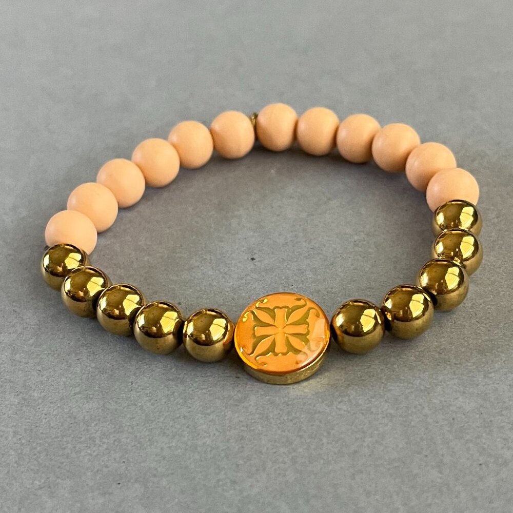Rustic Cuff Peachy Silicone and Gold Stainless Beaded Bracelet